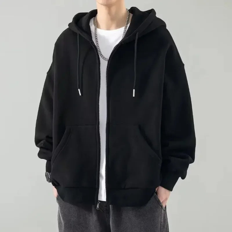 Casual Black Full Zip Hooded Jacket