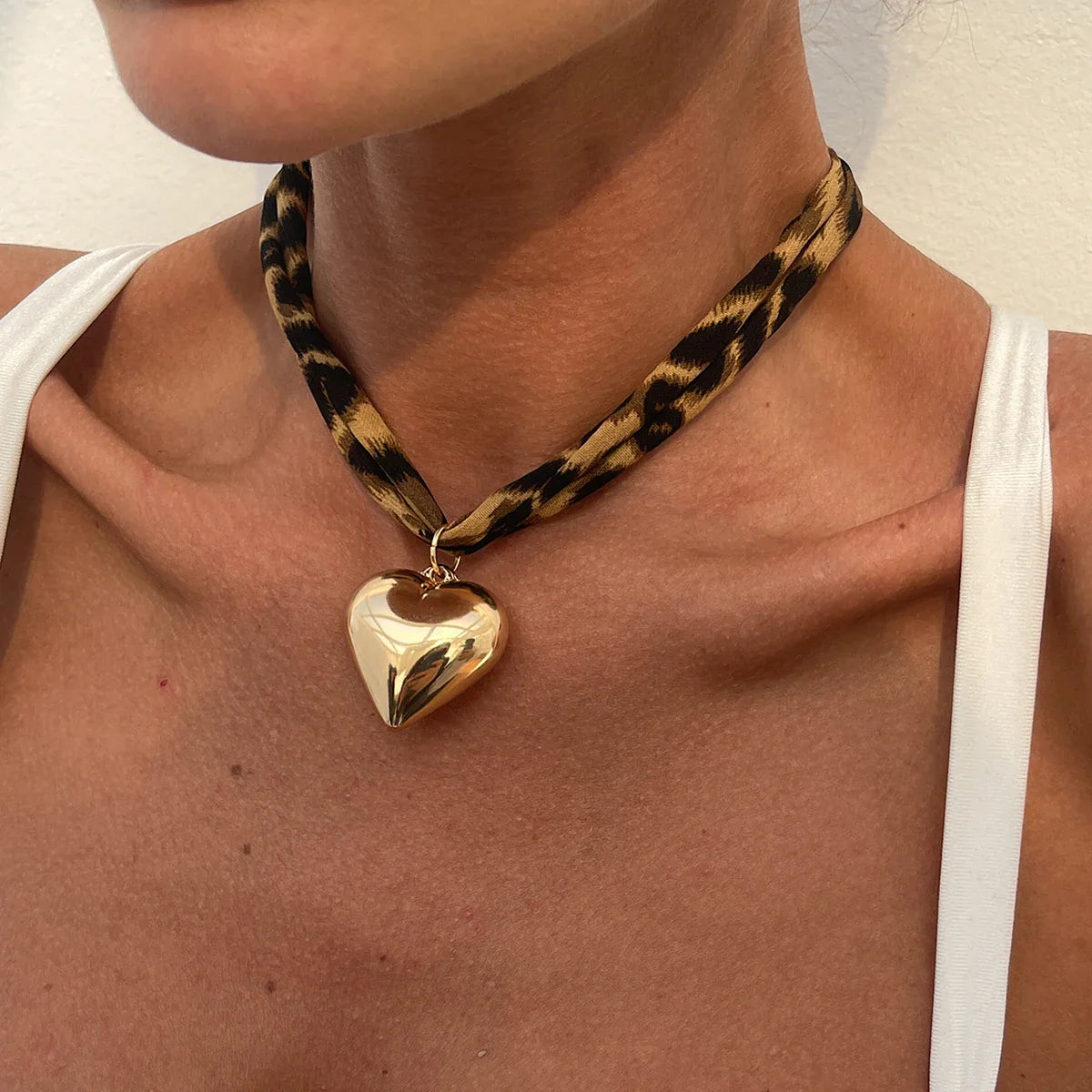 Animal Print Fabric Choker Heart Necklace