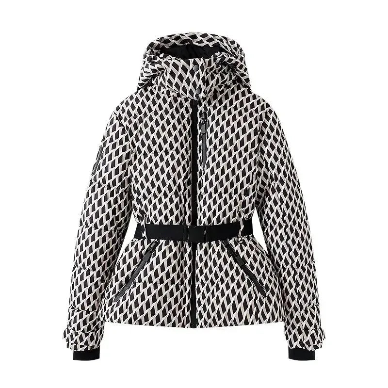 Stylish Patterned Hooded Jacket with Waist Belt
