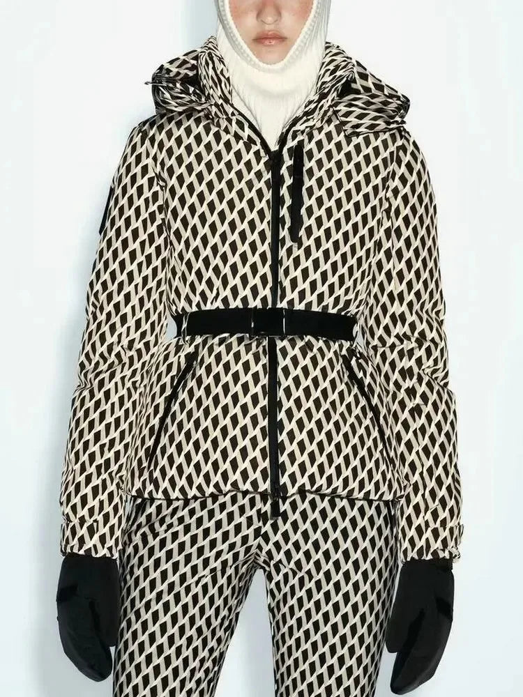 Stylish Patterned Hooded Jacket with Waist Belt