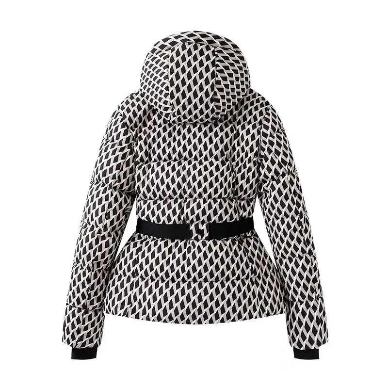 Stylish Patterned Hooded Jacket with Waist Belt